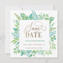 Rustic Greenery Gold Floral Photo Save the Date Announcement