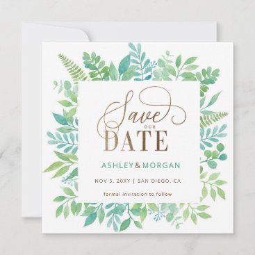Rustic Greenery Gold Floral Photo Save the Date Announcement
