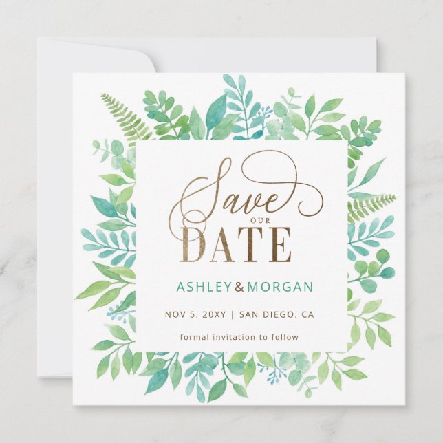 Rustic Greenery Gold Floral Save the Date Announcement (Front)