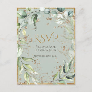 Rustic Greenery Gold Glitter Wedding RSVP Postcard