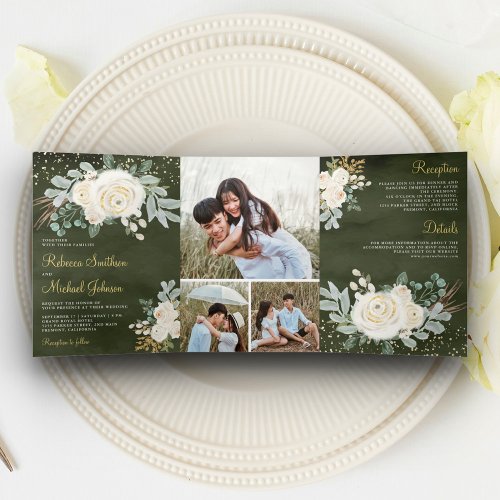 Rustic Greenery Gold Ivory Floral Sage Wedding Tri_Fold Invitation