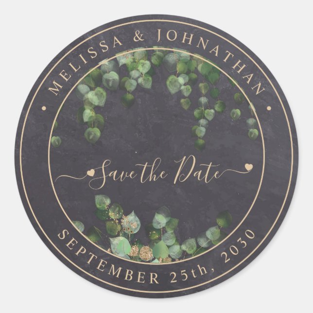  Rustic Greenery Gold Wedding Save The Date Classic Round Sticker (Front)