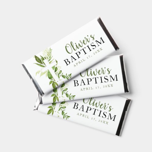 Rustic Greenery Green Cross Boy Baptism Hershey Bar Favors