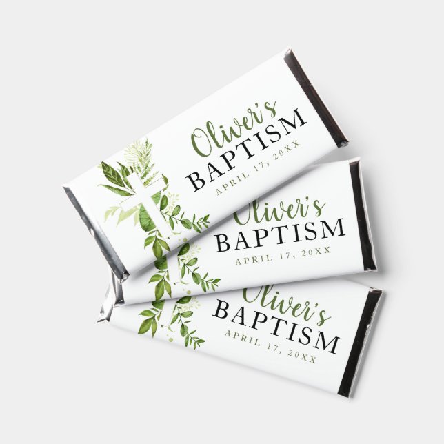 Rustic Greenery Green Cross Boy Baptism Hershey Bar Favors (Front)