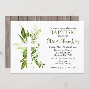Rustic Greenery Green Cross Boy Baptism Invitation