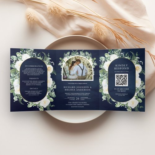 Rustic Greenery Ivory Floral Navy QR Code Wedding Tri_Fold Invitation