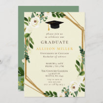 Rustic Greenery Ivory Gold Floral Graduation  Invitation