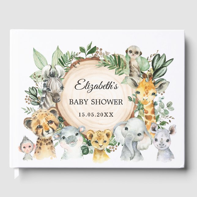 Rustic Greenery Jungle Safari Animals Baby Shower Guest Book (Front)
