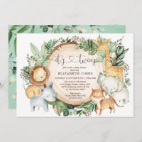 Rustic Greenery Jungle  Safari Twins Baby Shower Invitation