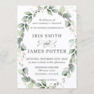 Rustic Greenery Leafy Foliage Wreath Gold Wedding Invitation