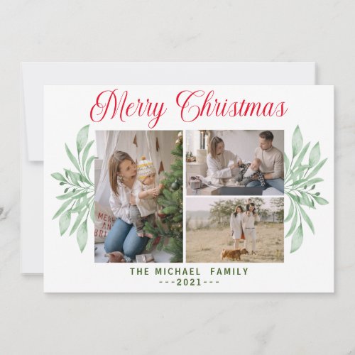 Rustic Greenery Leaves 3 Photo Merry Christmas  Ho Holiday Card