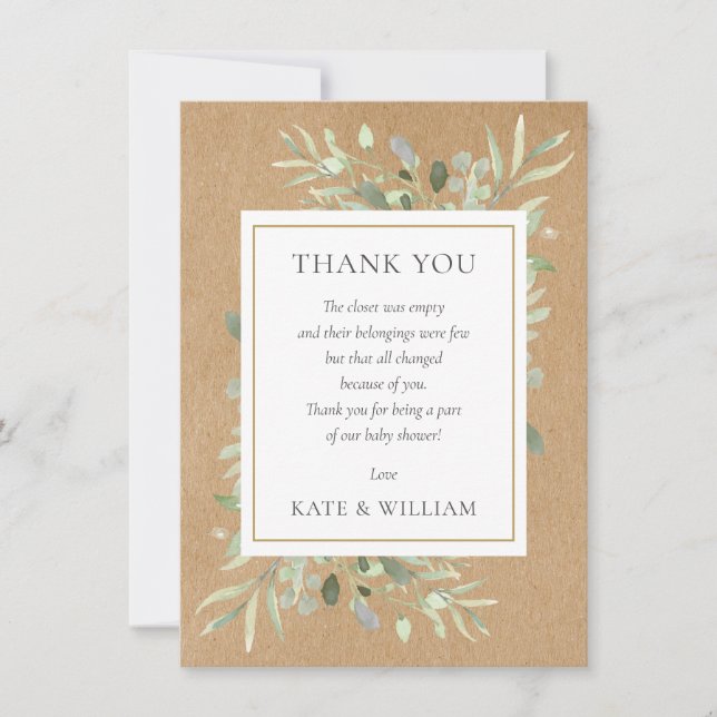 Rustic Greenery Leaves Baby Shower Poem Thank You Card (Front)