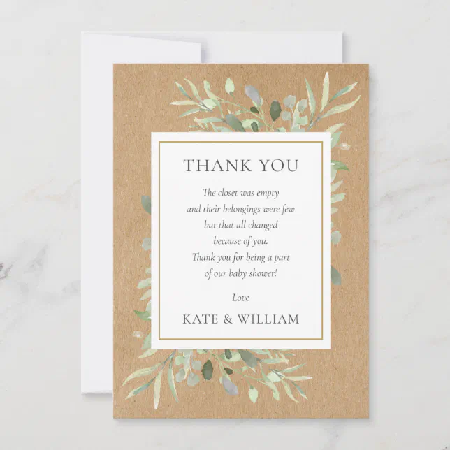 Rustic Greenery Leaves Baby Shower Poem Thank You Card | Zazzle