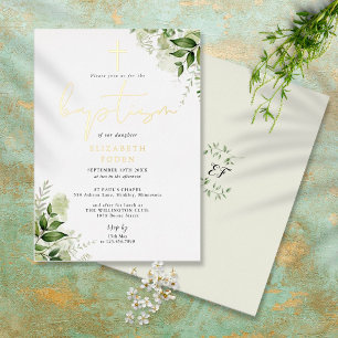 Rustic Greenery Leaves Elegant Monogram Baptism Foil Invitation
