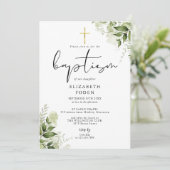 Rustic Greenery Leaves Elegant Monogram Baptism Invitation | Zazzle