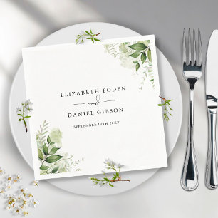 Rustic Greenery Leaves Elegant Names Date Napkins
