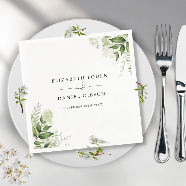 Rustic Greenery Leaves Elegant Names Date Napkins (Creator Uploaded)