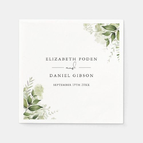 Rustic Greenery Leaves Elegant Names Date Napkins - This elegant botanical greenery leaves napkin can be personalized with your information in chic typography with your monogram initials on the reverse. Designed by Thisisnotme©