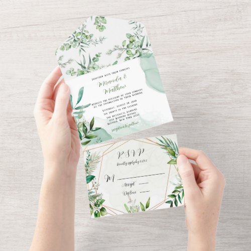 Rustic Greenery Leaves Geometric Wedding All In One Invitation