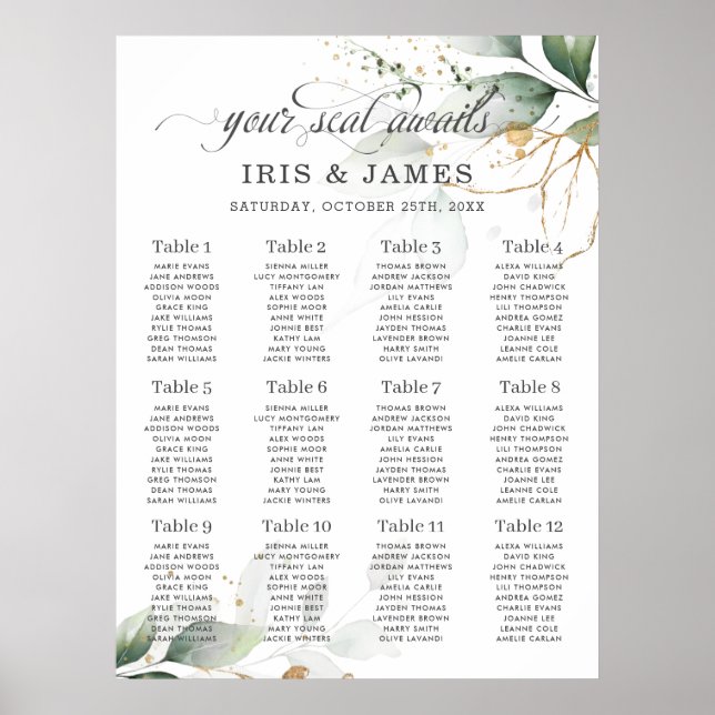 Rustic Greenery Leaves Gold Wedding Seating Chart (Front)