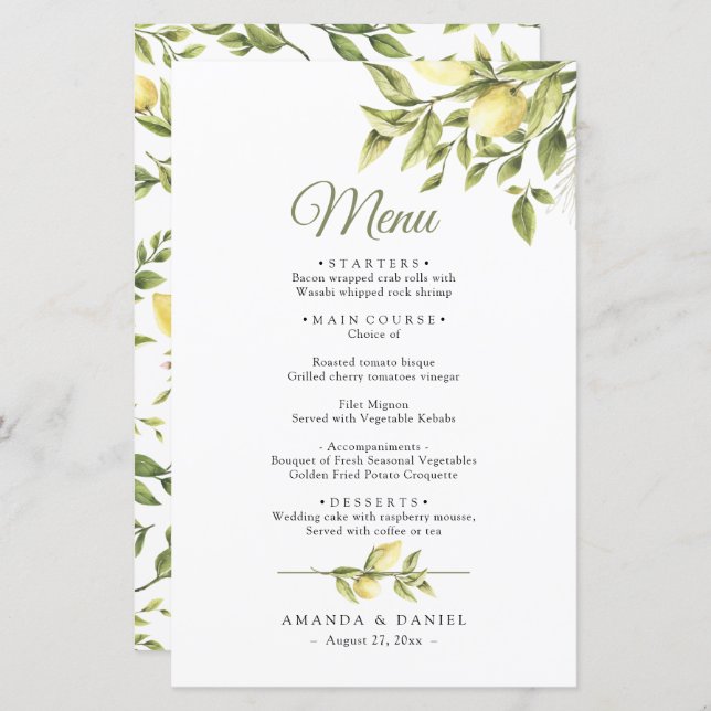Rustic Greenery Lemons  Wedding Menu (Front/Back)