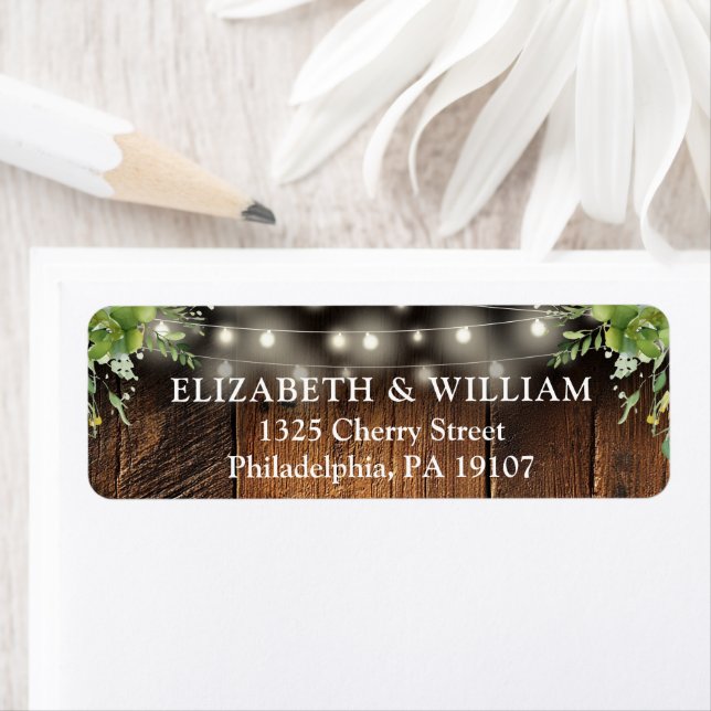 Rustic Greenery Lights Wedding Return Address Label (Insitu)