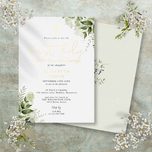 Rustic Greenery Monogram First Holy Communion Foil Invitation (Rustic Greenery Monogram First Holy Communion Foil Invitation)