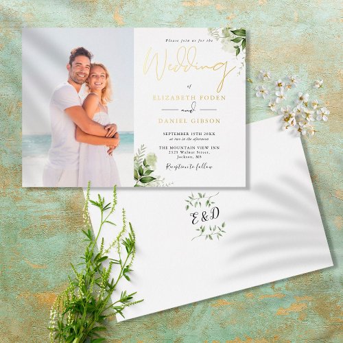 Rustic Greenery Monogram Photo Wedding Gold Foil Invitation