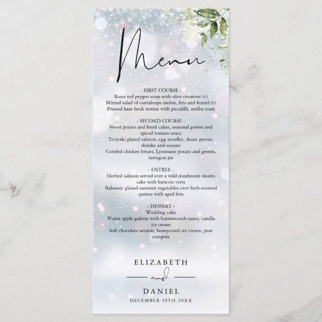 Rustic Greenery Monogram Winter Wedding Dinner Menu (Front)