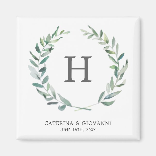 Rustic Greenery Monogram Wreath Wedding Magnet (Front)