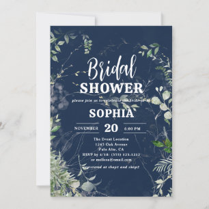 Rustic Greenery Navy Blue Bridal Shower Invitation