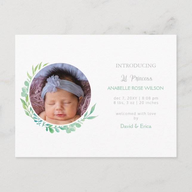 Rustic Greenery New Baby Photo Birth Announcement (Front)