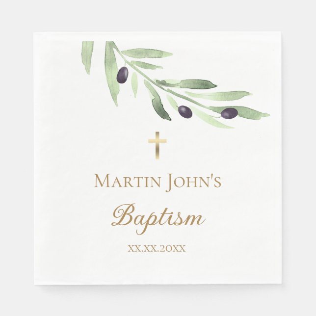 rustic greenery olive branch Baptism Napkins (Front)