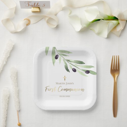rustic greenery olive branch First Communion Paper Plates