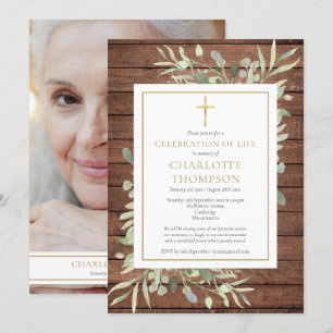 Rustic Greenery Photo Celebration of Life Funeral Invitation