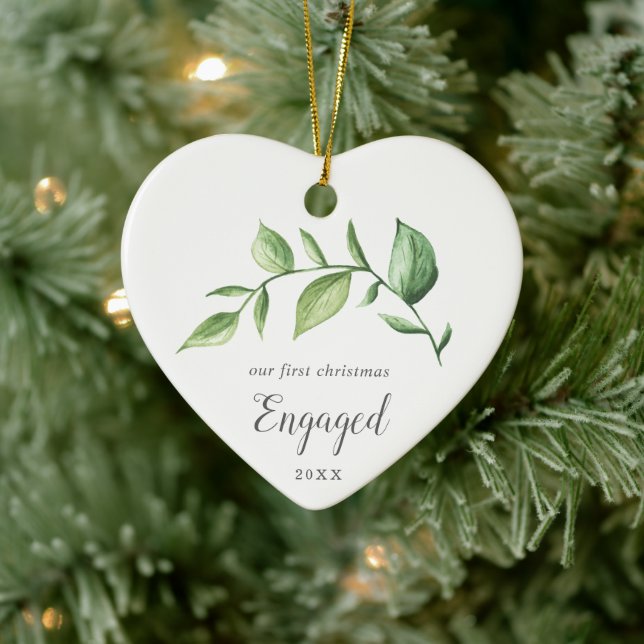 Rustic Greenery Photo Our First Christmas Engaged Ceramic Ornament (Tree)
