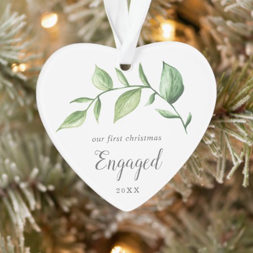 Rustic Greenery Photo Our First Christmas Engaged Ornament