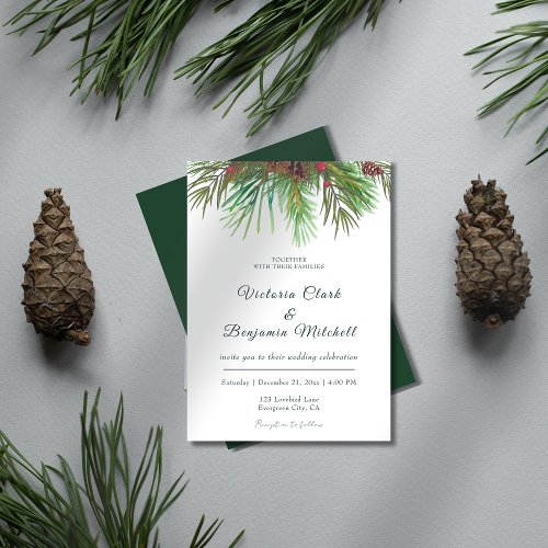 Rustic Greenery Pine Cone Christmas Winter Wedding Invitation