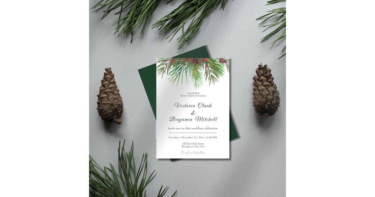 Rustic Greenery Pine Cone Christmas Winter Wedding Invitation | Zazzle