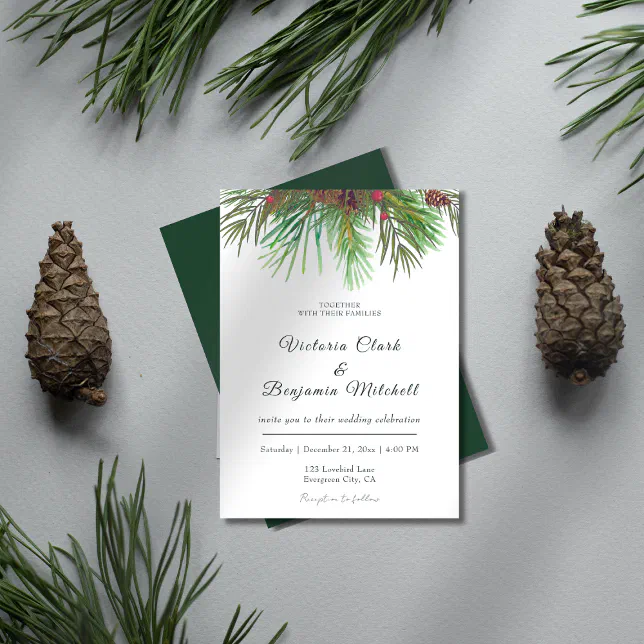 Rustic Greenery Pine Cone Christmas Winter Wedding Invitation | Zazzle