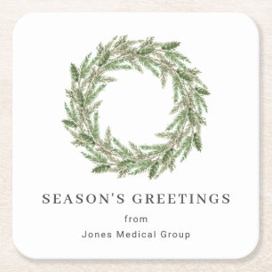 Rustic Greenery Pine Wreath Business Holiday Square Paper Coaster