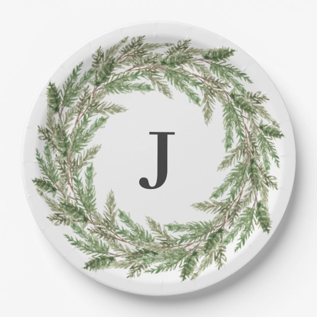 Rustic Greenery Pine Wreath Monogram Holiday Paper Plates (Front)