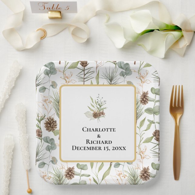 Rustic Greenery & Pinecones Paper Plates (Wedding)