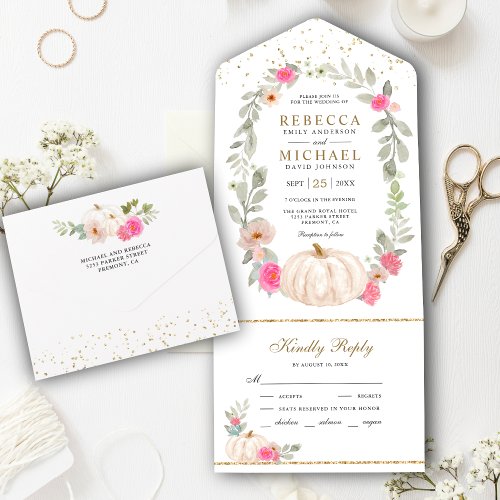 Rustic Greenery Pink Roses White Pumpkin Wedding All In One Invitation