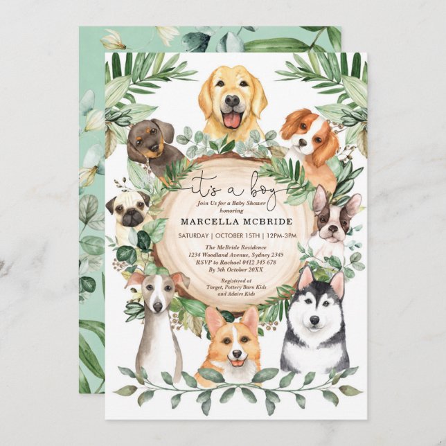Rustic Greenery Puppy Dogs Boy Baby Shower Invitation (Front/Back)