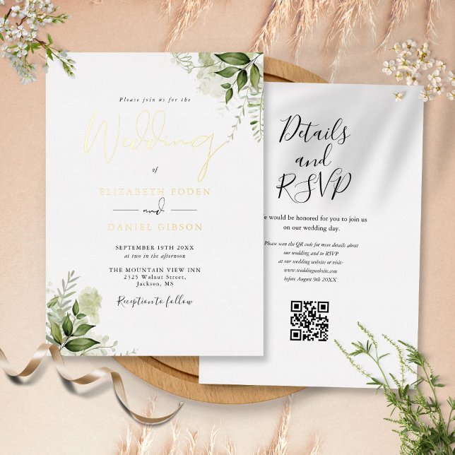 Rustic Greenery QR Code Elegant Wedding Gold Foil Invitation (Rustic Greenery QR Code Elegant Wedding Gold Foil Invitation)