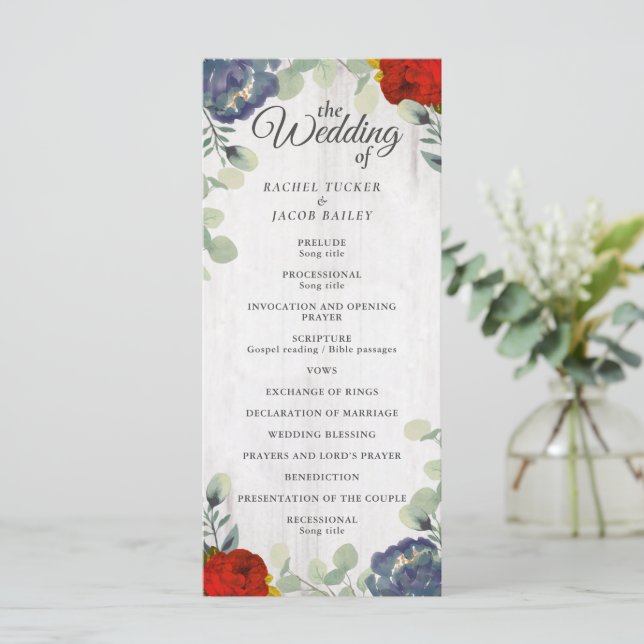 Rustic Greenery Red Blue Floral Wedding Program (Standing Front)