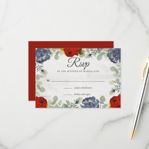 Rustic Greenery Red Blue Floral Wedding RSVP Card