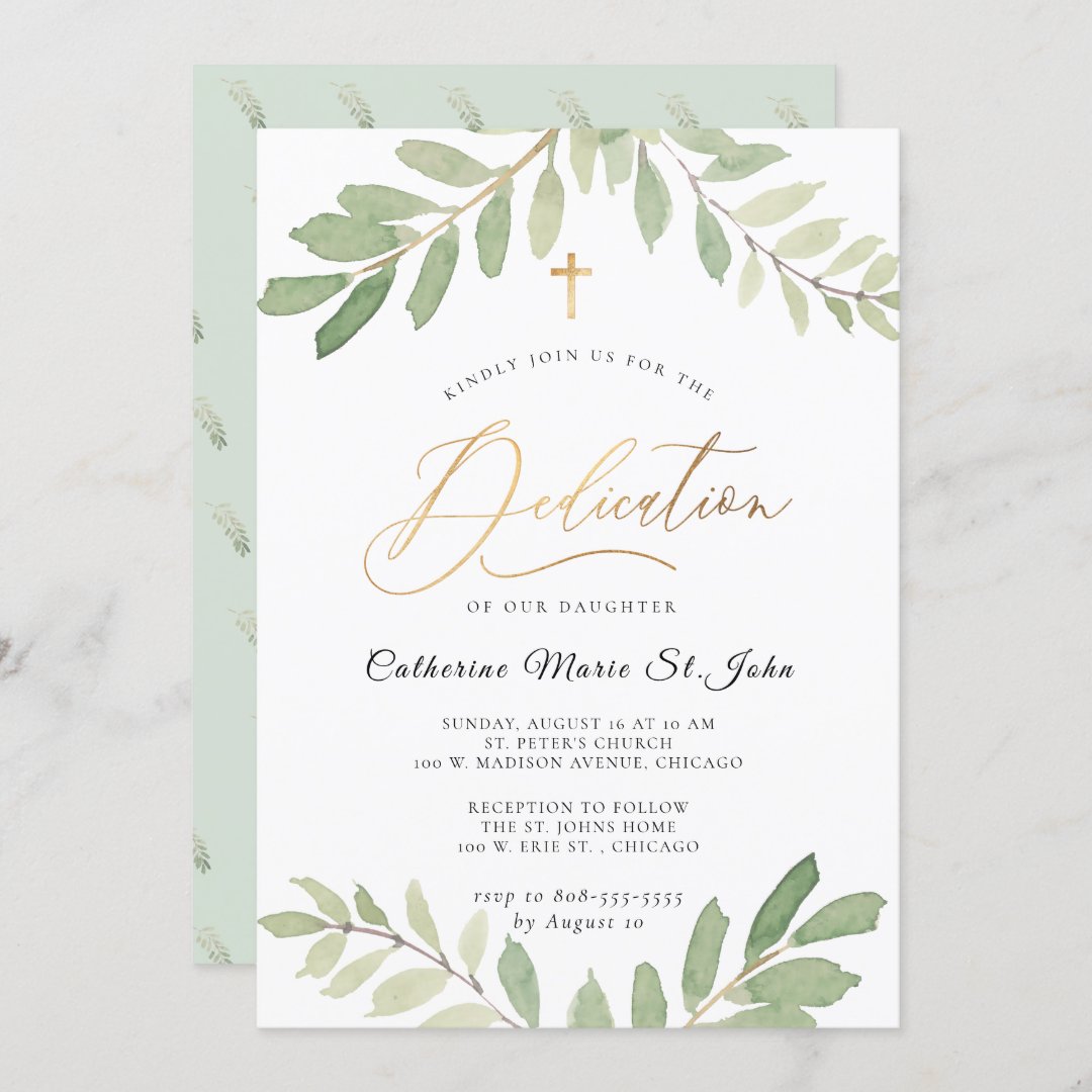 Rustic Greenery Sage Green Faux Gold Dedication Invitation | Zazzle