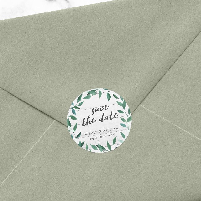 Rustic Greenery Save the Date Classic Round Sticker (Creator Uploaded)